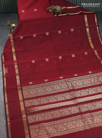 Kanchi cotton saree maroon with zari woven buttas and rettapet zari woven border
