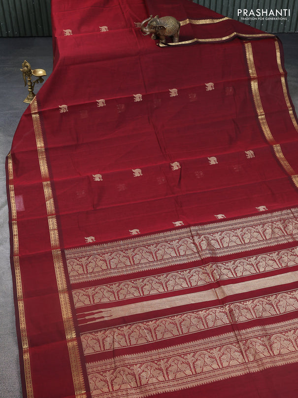 Kanchi cotton saree maroon with zari woven buttas and rettapet zari woven border