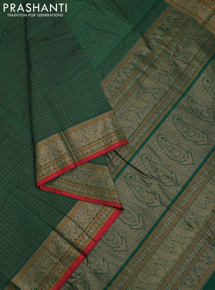 Kanchi cotton saree green and red with allover lakshadeepam weaves and thread woven border