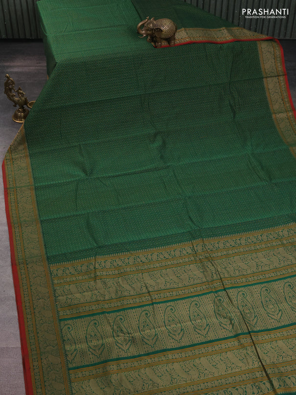 Kanchi cotton saree green and red with allover lakshadeepam weaves and thread woven border