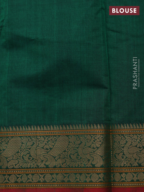 Kanchi cotton saree green and red with allover lakshadeepam weaves and thread woven border