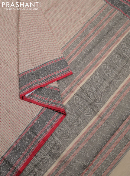 Kanchi cotton saree cream and red with allover lakshadeepam weaves and thread woven border