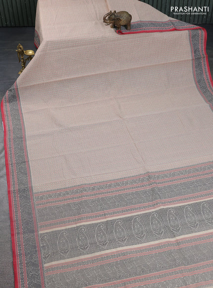 Kanchi cotton saree cream and red with allover lakshadeepam weaves and thread woven border