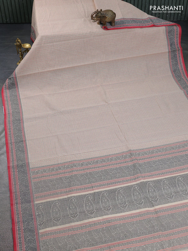 Kanchi cotton saree cream and red with allover lakshadeepam weaves and thread woven border