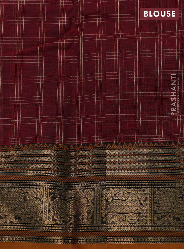 Kanchi cotton saree maroon and dark mustard with allover thread checked pattern & buttas and zari woven border