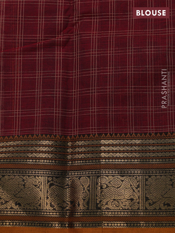 Kanchi cotton saree maroon and dark mustard with allover thread checked pattern & buttas and zari woven border