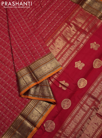 Kanchi cotton saree red and orange with allover thread checked pattern & buttas and zari woven border