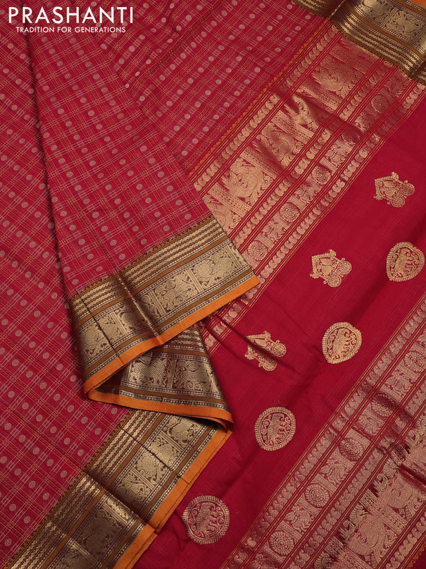 Kanchi cotton saree red and orange with allover thread checked pattern & buttas and zari woven border
