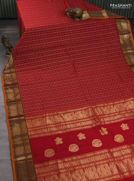 Kanchi cotton saree red and orange with allover thread checked pattern & buttas and zari woven border
