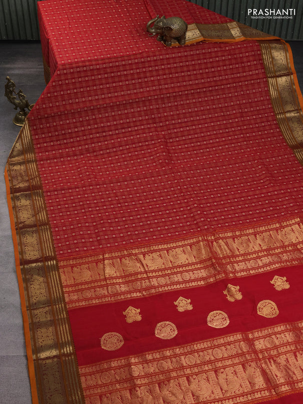 Kanchi cotton saree red and orange with allover thread checked pattern & buttas and zari woven border