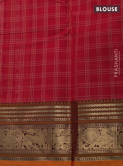 Kanchi cotton saree red and orange with allover thread checked pattern & buttas and zari woven border