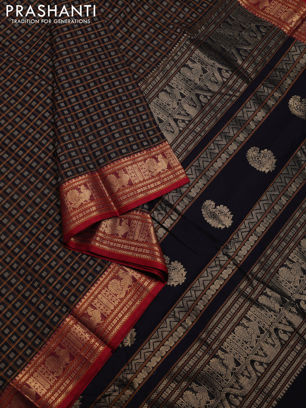 Kanchi cotton saree deep wine shade and red with allover thread checks & 1000 buttas and thread woven border