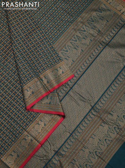 Kanchi cotton saree peacock green and maroon with allover thread checks & 1000 buttas and thread woven border