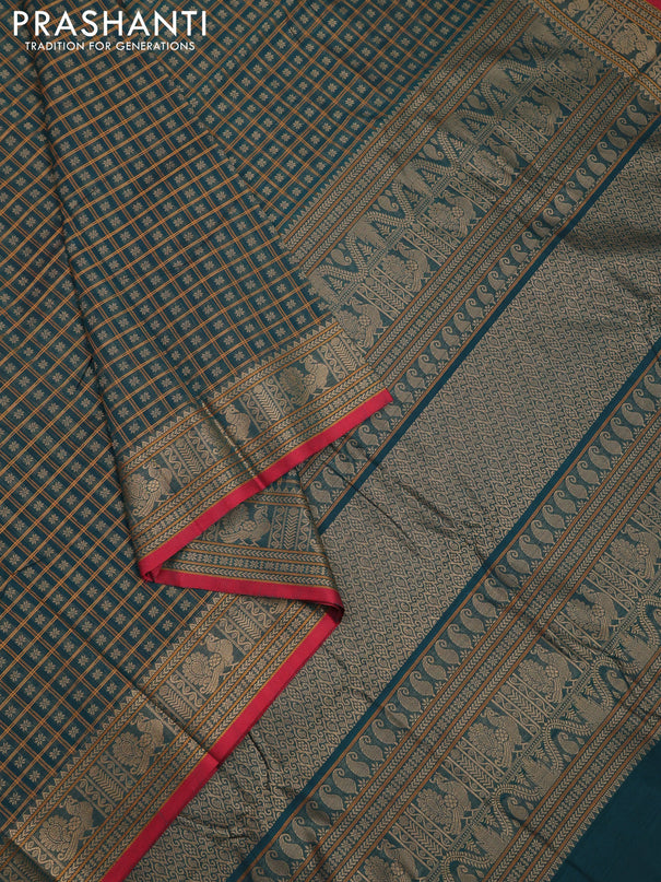Kanchi cotton saree peacock green and maroon with allover thread checks & 1000 buttas and thread woven border