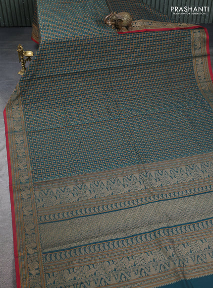 Kanchi cotton saree peacock green and maroon with allover thread checks & 1000 buttas and thread woven border