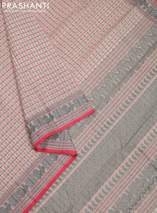 Kanchi cotton saree beige and red with allover thread checks & 1000 buttas and thread woven border
