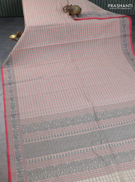 Kanchi cotton saree beige and red with allover thread checks & 1000 buttas and thread woven border