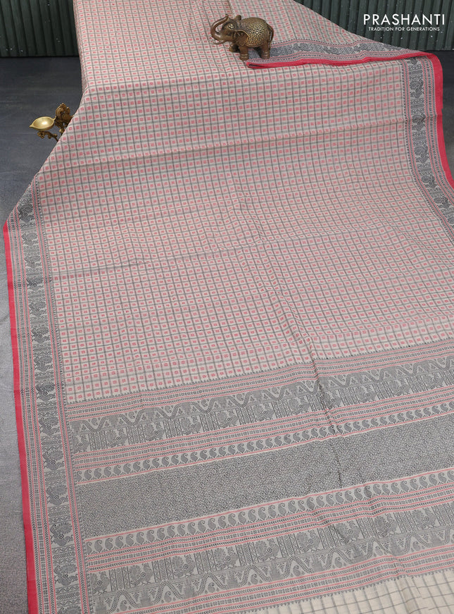 Kanchi cotton saree beige and red with allover thread checks & 1000 buttas and thread woven border