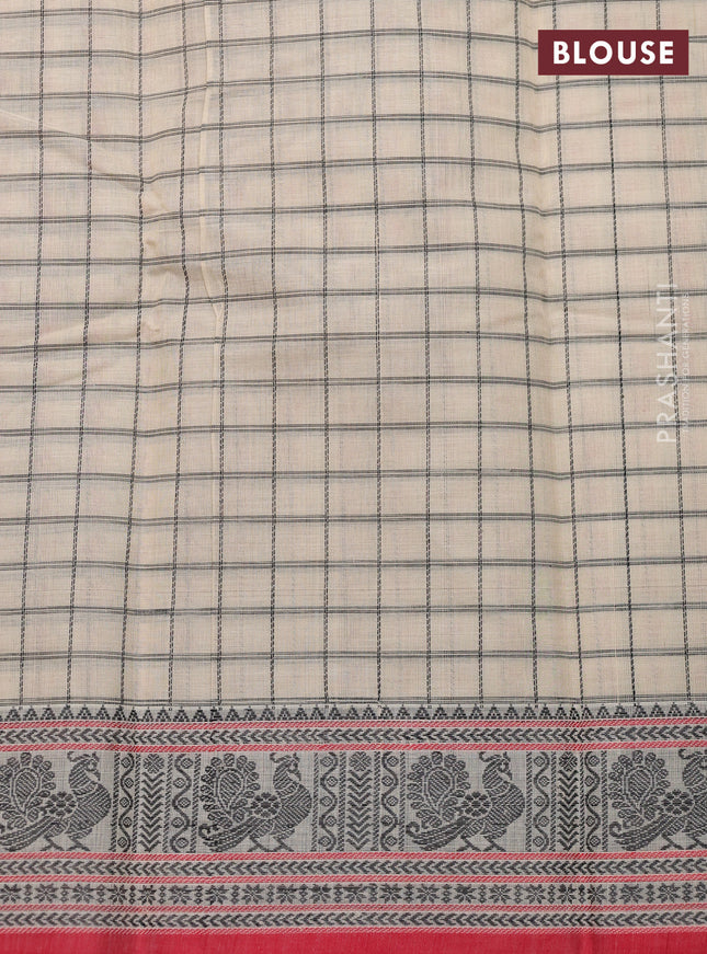 Kanchi cotton saree beige and red with allover thread checks & 1000 buttas and thread woven border