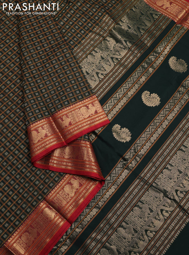 Kanchi cotton saree bottle green and red with allover thread checks & 1000 buttas and annam zari woven border