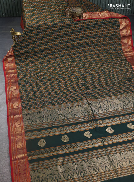 Kanchi cotton saree bottle green and red with allover thread checks & 1000 buttas and annam zari woven border