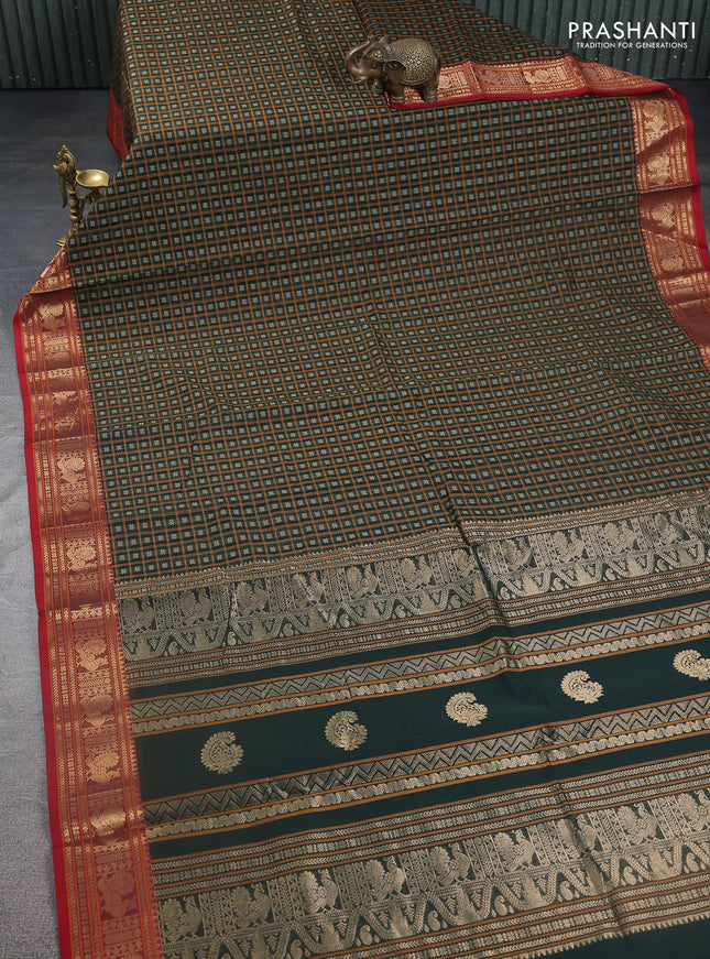 Kanchi cotton saree bottle green and red with allover thread checks & 1000 buttas and annam zari woven border