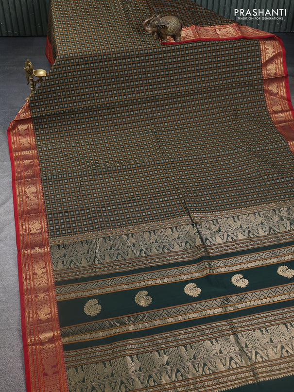 Kanchi cotton saree bottle green and red with allover thread checks & 1000 buttas and annam zari woven border
