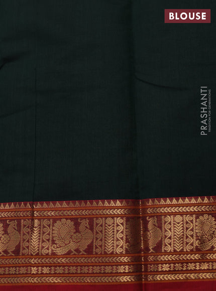 Kanchi cotton saree bottle green and red with allover thread checks & 1000 buttas and annam zari woven border