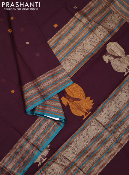 Kanchi cotton saree wine shade and teal green with thread woven buttas and thread woven border