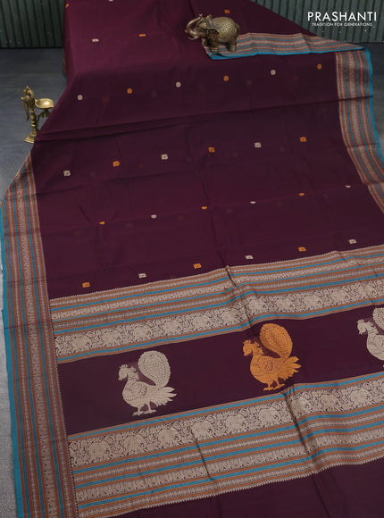Kanchi cotton saree wine shade and teal green with thread woven buttas and thread woven border