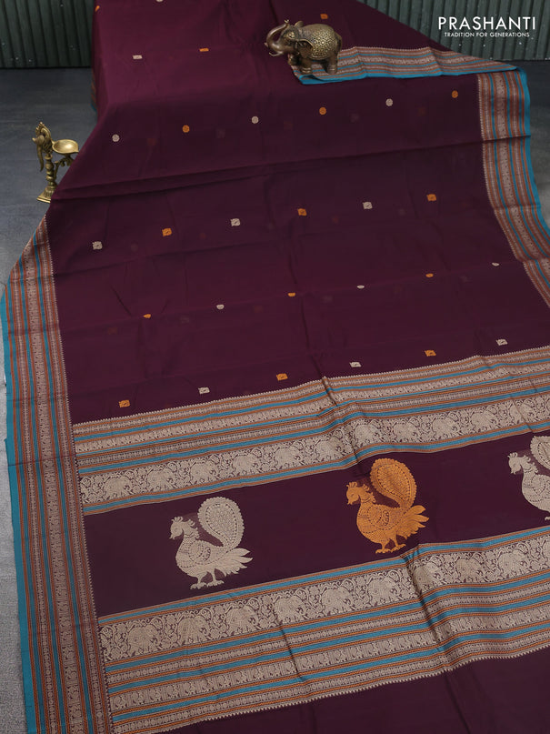 Kanchi cotton saree wine shade and teal green with thread woven buttas and thread woven border