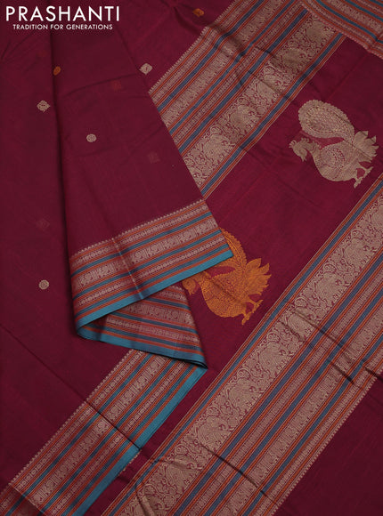 Kanchi cotton saree dark magenta pink and teal blue with thread woven buttas and thread woven border