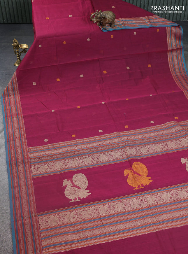 Kanchi cotton saree dark magenta pink and teal blue with thread woven buttas and thread woven border