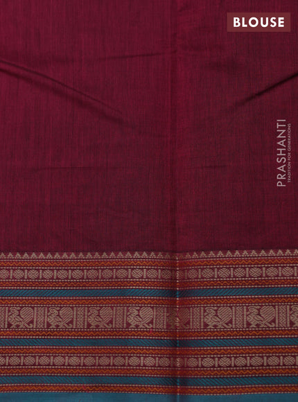 Kanchi cotton saree dark magenta pink and teal blue with thread woven buttas and thread woven border