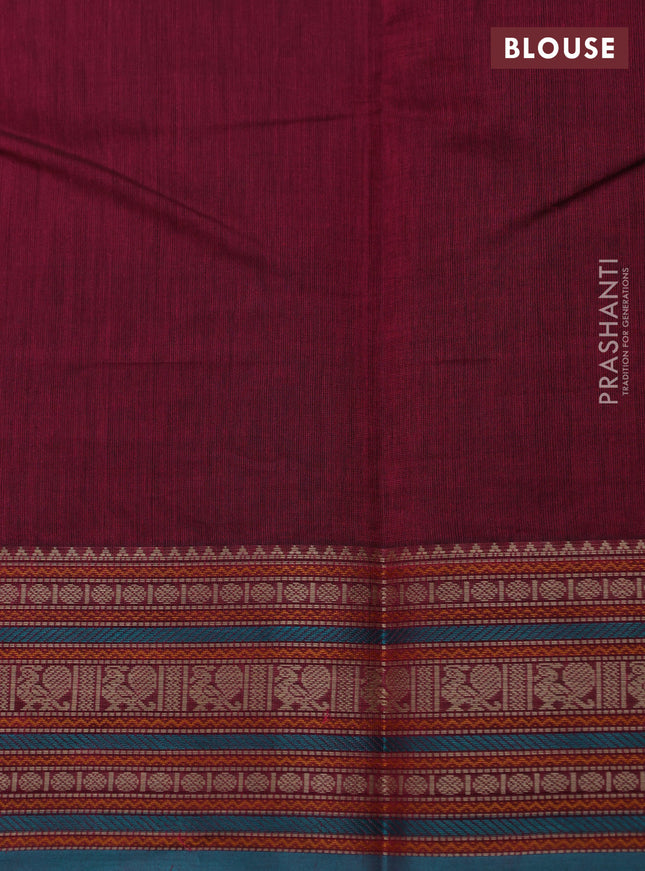 Kanchi cotton saree dark magenta pink and teal blue with thread woven buttas and thread woven border