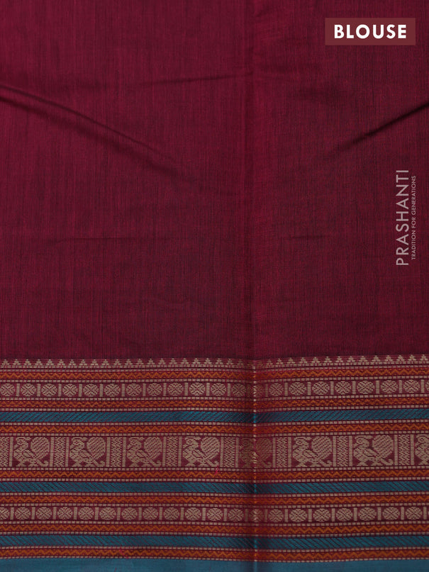 Kanchi cotton saree dark magenta pink and teal blue with thread woven buttas and thread woven border