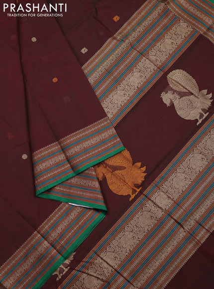 Kanchi cotton saree deep maroon and green with thread woven buttas and thread woven border