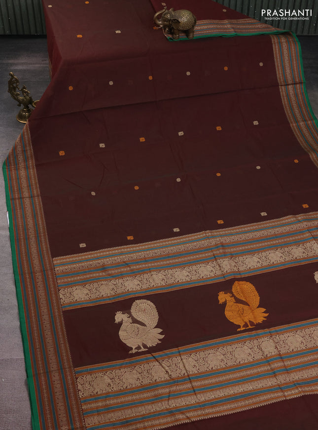 Kanchi cotton saree deep maroon and green with thread woven buttas and thread woven border