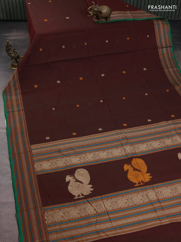 Kanchi cotton saree deep maroon and green with thread woven buttas and thread woven border