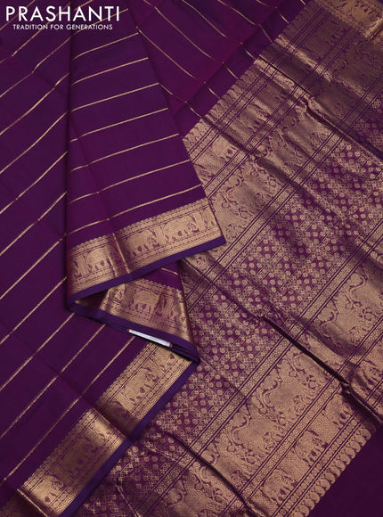 Kanchi cotton saree purple with allover zari stripe pattern and elephant zari woven border