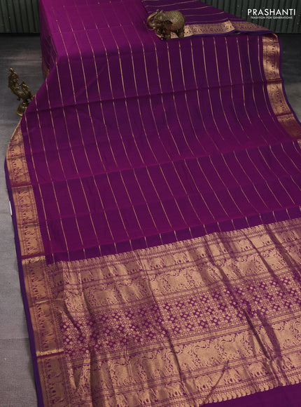 Kanchi cotton saree purple with allover zari stripe pattern and elephant zari woven border