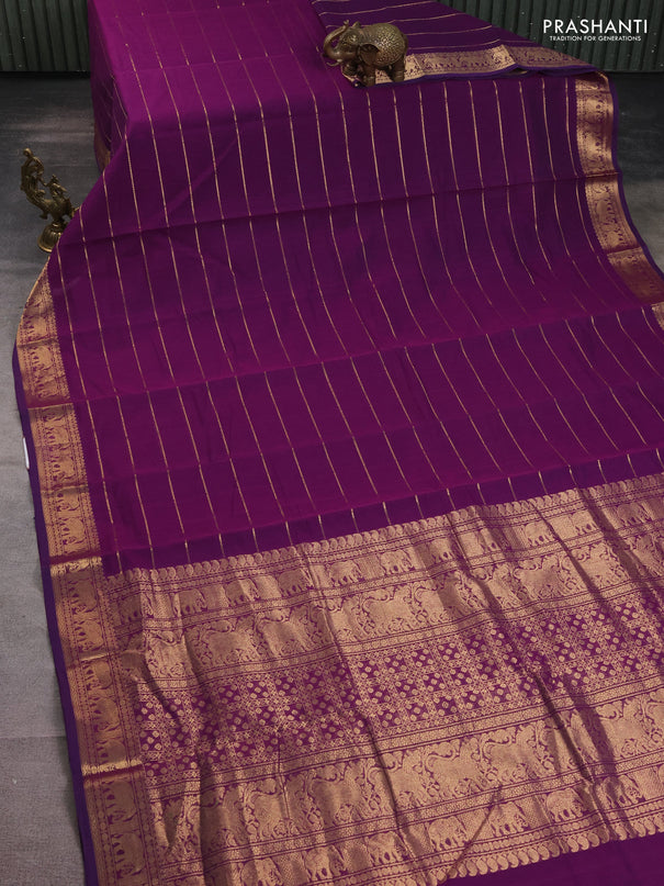 Kanchi cotton saree purple with allover zari stripe pattern and elephant zari woven border