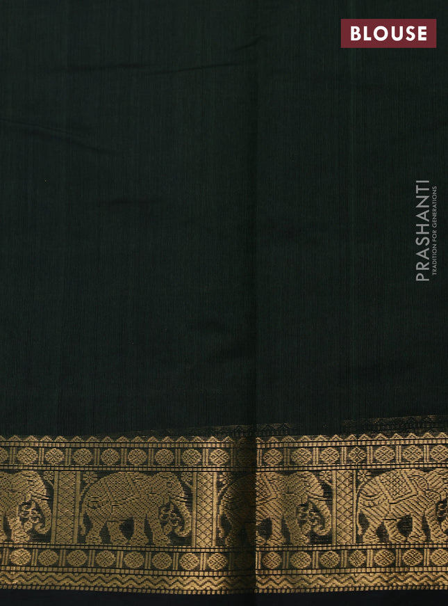 Kanchi cotton saree bottle green with allover zari stripe pattern and elephant zari woven border