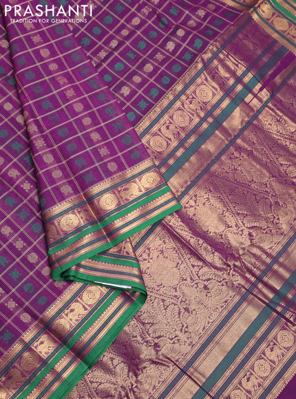 Kanchi cotton saree purple and green with allover thread checks & buttas and zari woven border