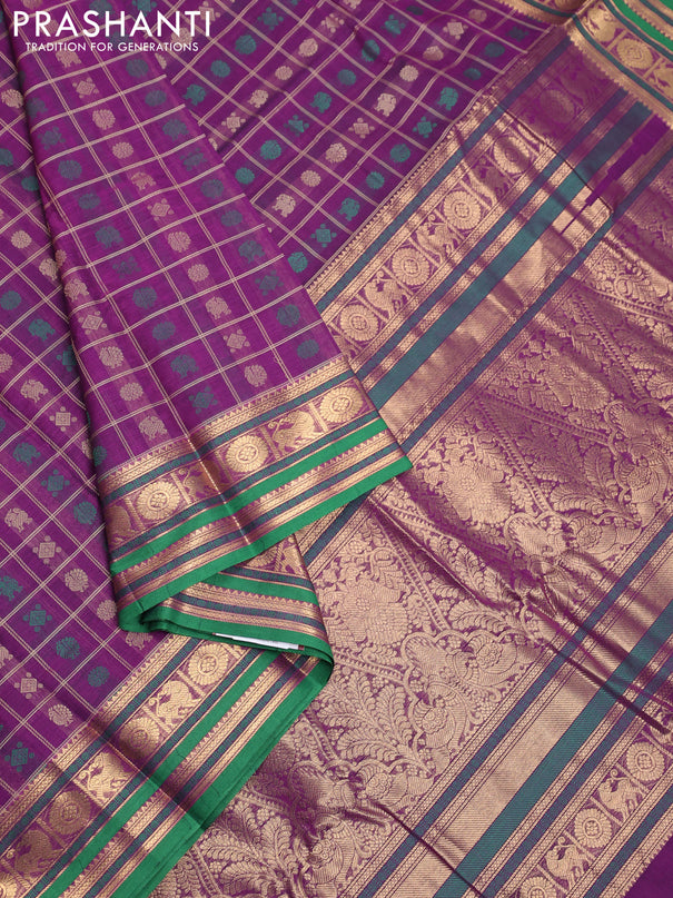 Kanchi cotton saree purple and green with allover thread checks & buttas and zari woven border
