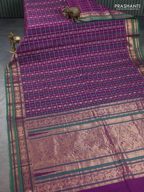 Kanchi cotton saree purple and green with allover thread checks & buttas and zari woven border