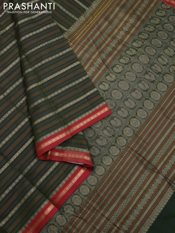 Kanchi cotton saree dual shade of sap green and maroon with allover thread weaves and zari woven border