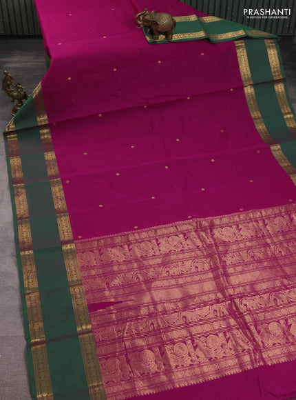 Kanchi cotton saree purple and green with zari woven buttas and long rettapet zari woven border