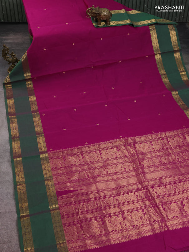 Kanchi cotton saree purple and green with zari woven buttas and long rettapet zari woven border