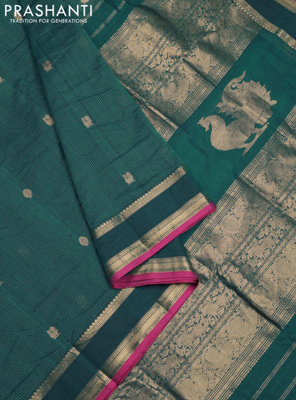 Kanchi cotton saree peacock green and pink with allover zari weaves & buttas and rettapet zari woven border